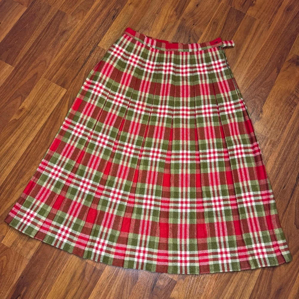 Koret of California VTG Plaid Pleated Wool Skirt XS Red Olive Green XMAS